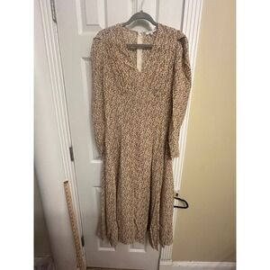 Lilou Women Brown Floral Ditsy V-Neck Pleated Midi Dress Long Sleeve Size M